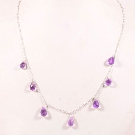 Handmade Pure 925 Sterling Silver Necklace with Amethyst Drop Pendant for Women